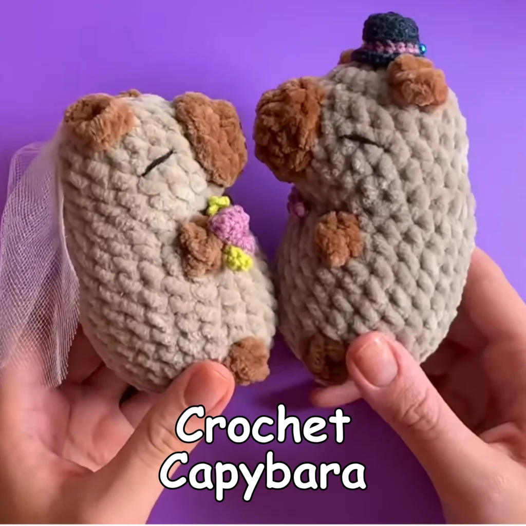 Two finished crochet capybara plushies displayed together, featuring gray bodies, brown ears and feet, with one wearing a small black hat and the other decorated with a pink flower.