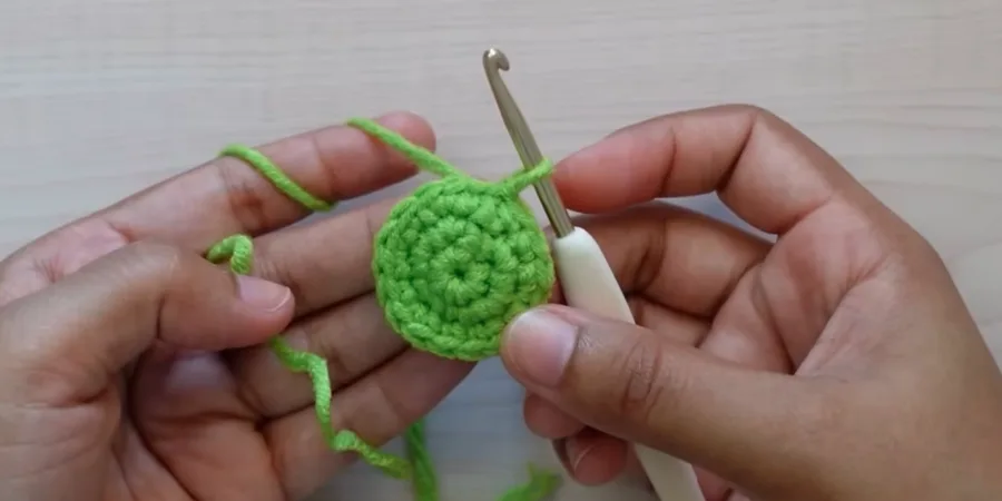 Green crochet sunflower center showing the completed third round