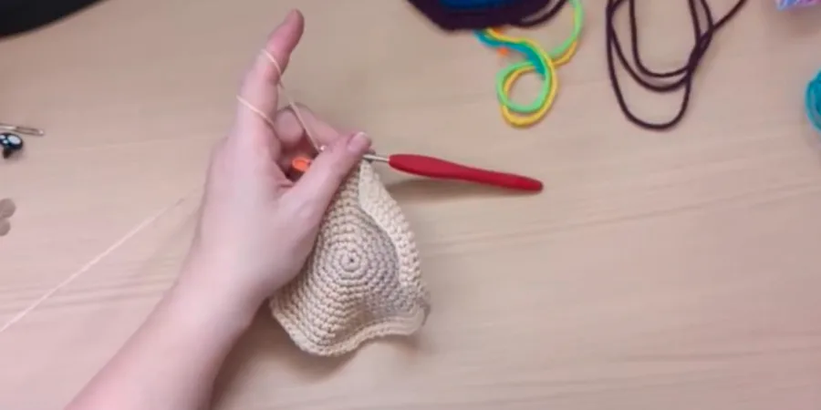 Beige crocheted turtle shell bottom worked in round stitches.