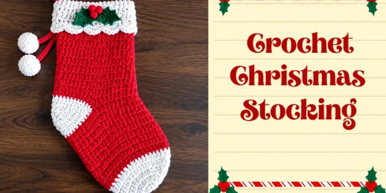 Red and white crochet Christmas stocking with a scalloped white cuff, holly decoration, and pom-poms, beside a festive “Crochet Christmas Stocking” text panel.