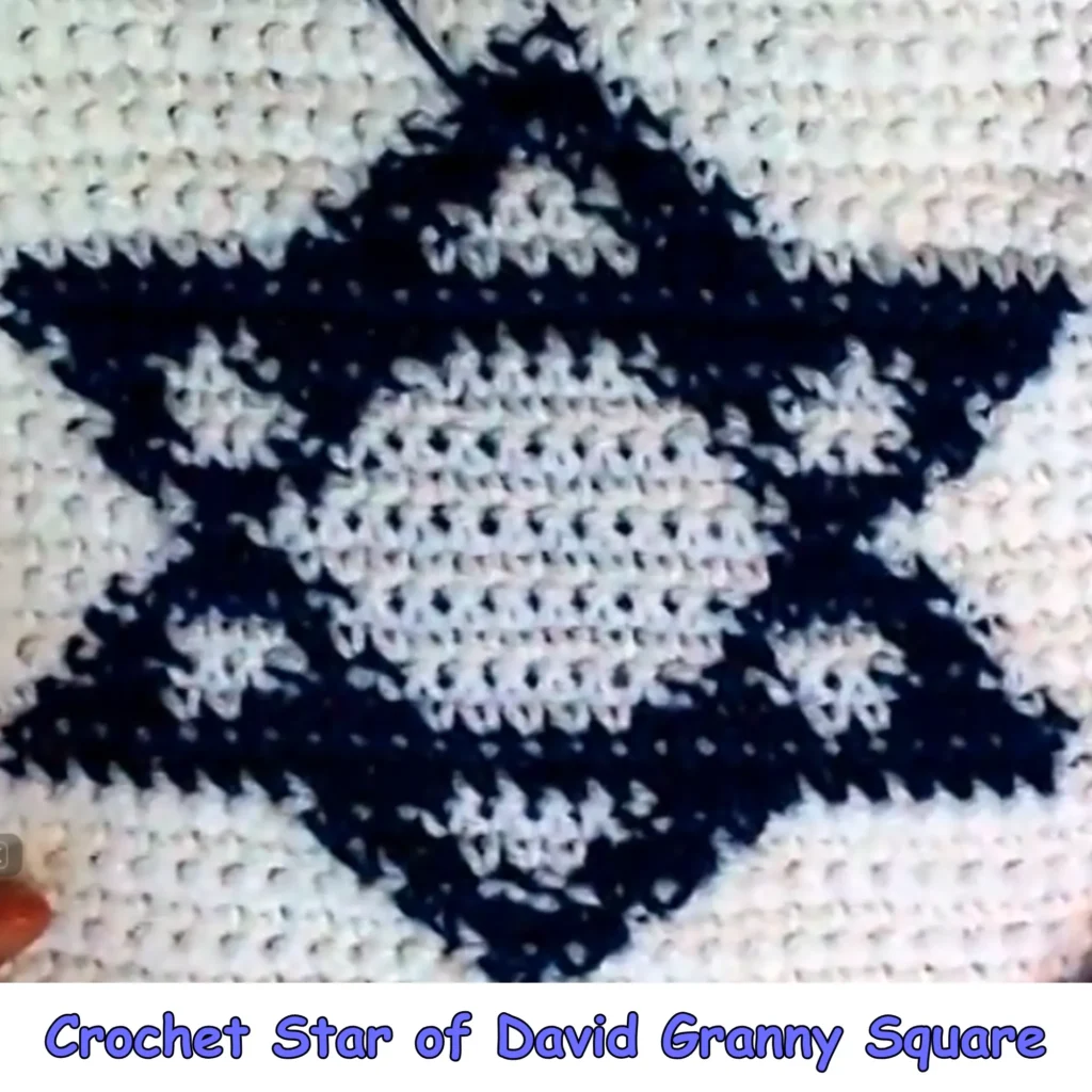 Crochet Star of David Granny Square featuring a blue Star of David motif on a white single crochet background.