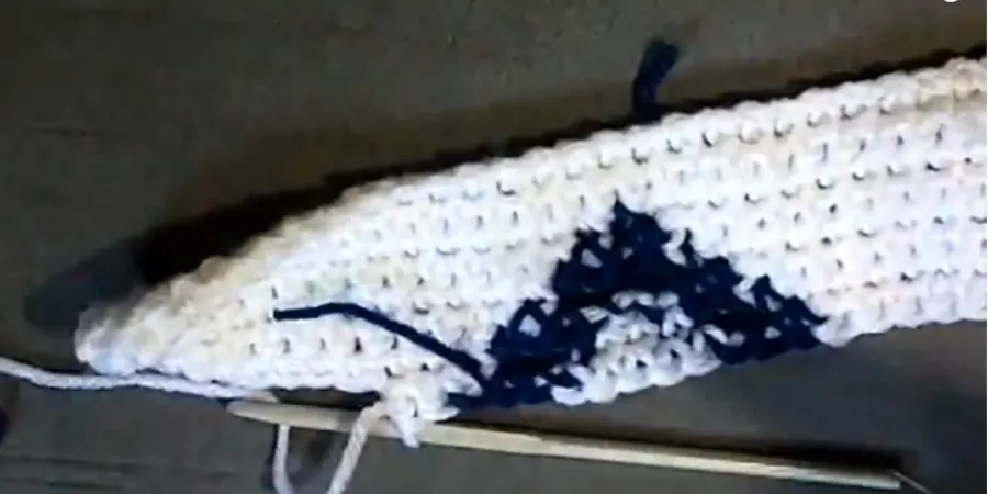 Row 8 of a crochet Star of David Granny Square showing blue and white single crochet colorwork