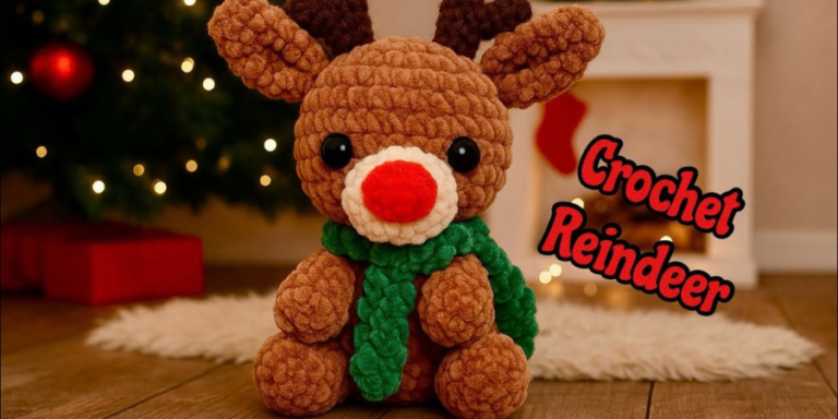 ree reindeer crochet pattern featuring a cute plush brown reindeer with red nose, green scarf, and Christmas decorations in the background.
