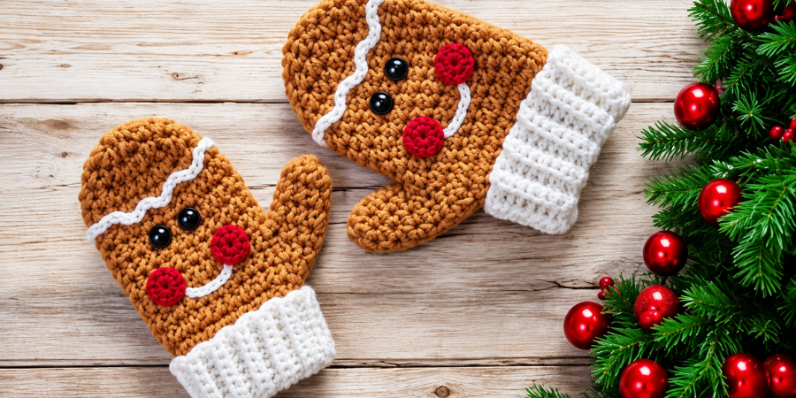 Two cute gingerbread crochet mittens with white cuffs, button eyes, red details, and white icing decoration on a rustic wooden background with Christmas greenery and red ornaments.