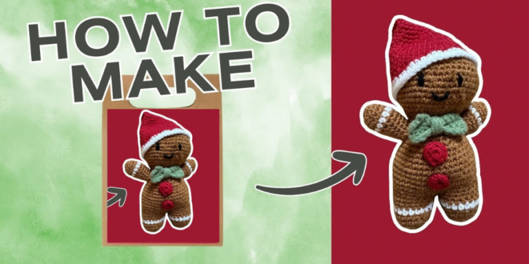 How to make a gingerbread man crochet pattern featuring a cute brown amigurumi with a red Christmas hat, green bow tie, red buttons, and white icing details.