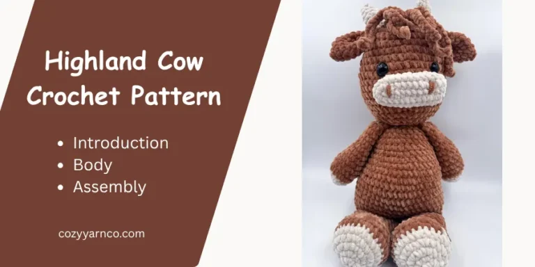 Highland Cow Crochet Pattern featuring a completed brown crocheted cow with a white muzzle, rounded body, legs, and ears, alongside the pattern sections.