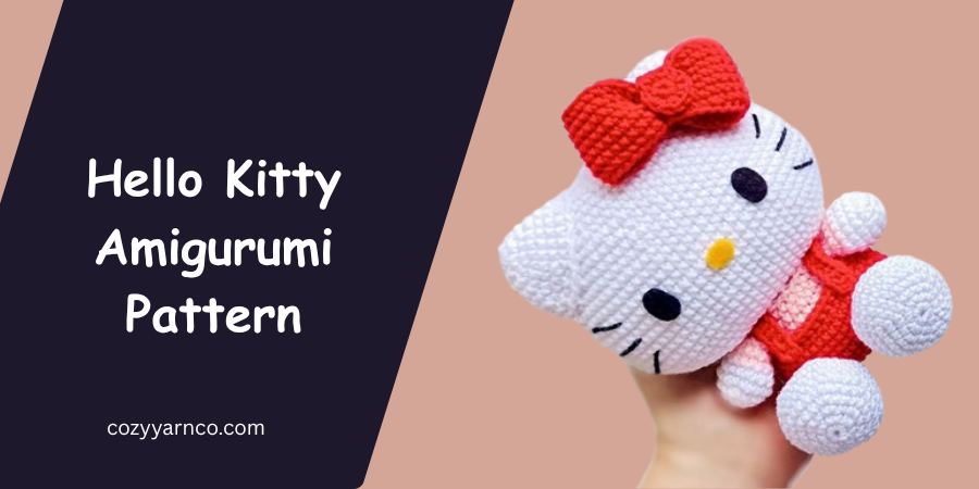 Hello Kitty Amigurumi Pattern featuring a crocheted Hello Kitty with a red bow, red overalls, white body, and facial details, displayed beside the pattern title.