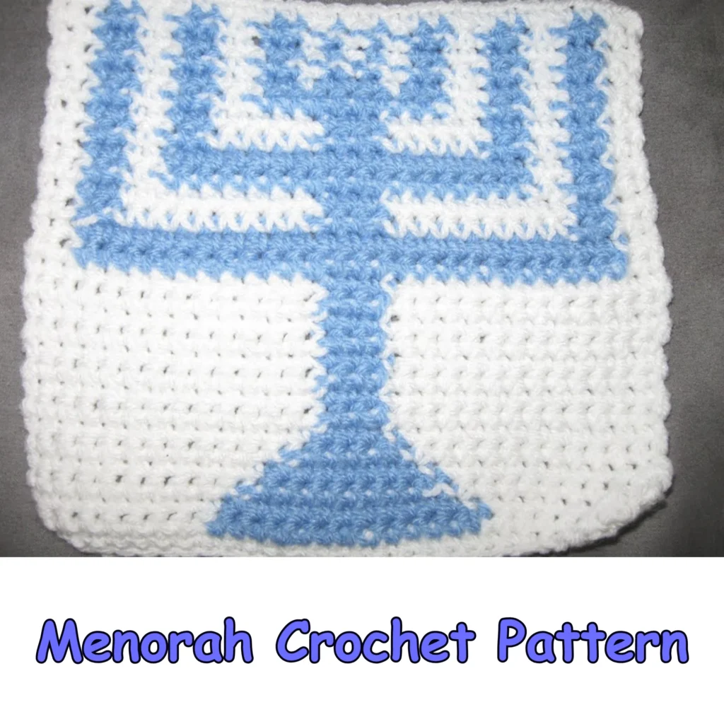 Finished blue and white crocheted Hanukkah Menorah design with candles and a central stem on a square panel.