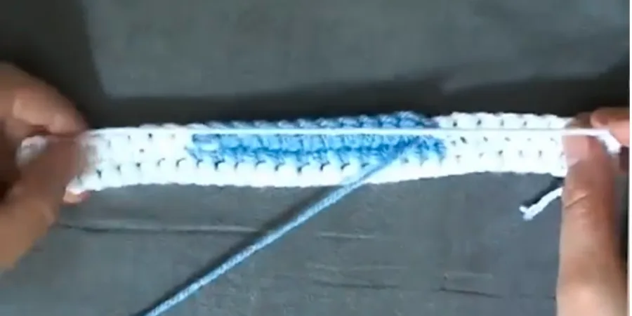 Close-up of a long blue and white crochet row being worked with a crochet hook.