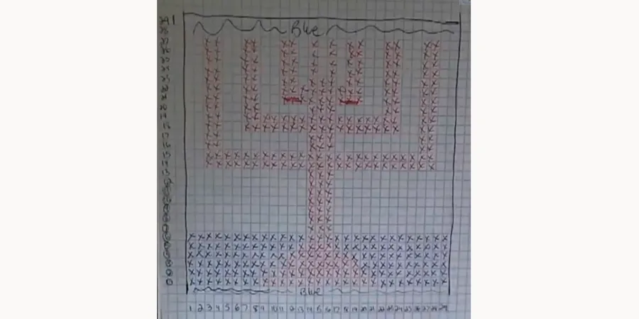 Hand-drawn crochet graph showing the blue and white Menorah design, stitch grid, and row markings.