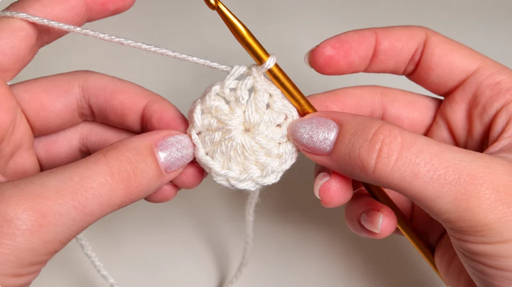 Hands crochet an ivory round motif with a gold hook, showing the textured center stitches and trailing yarn.