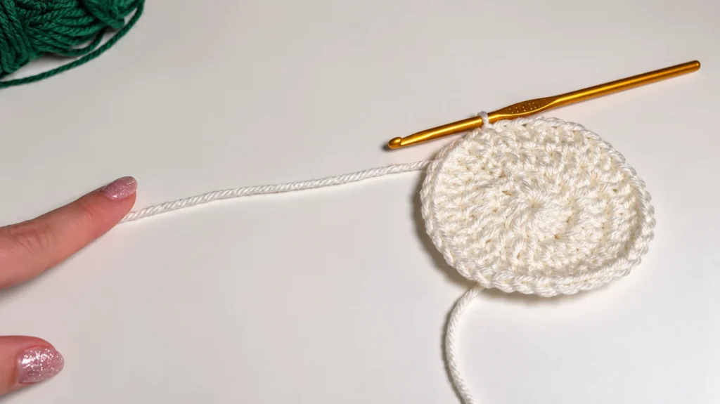 A cream crocheted circle rests on a white surface with a gold crochet hook and white yarn attached.