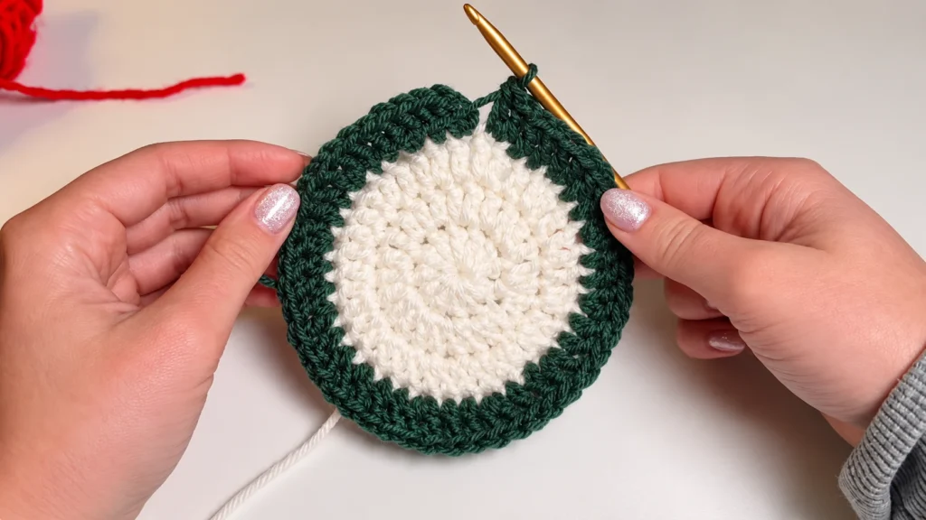 Hands hold a cream crochet circle with a dark green border while a gold crochet hook works a green stitch.