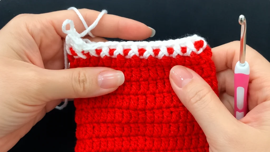 Hands working a white crochet border along a red crocheted panel using a pink-handled crochet hook.