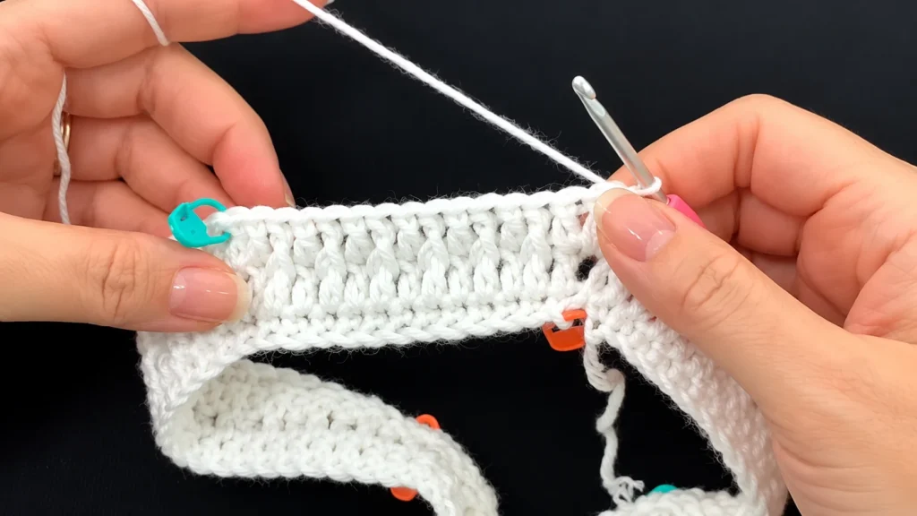 Hands crocheting a white textured swatch with a metal crochet hook, white yarn, and colorful stitch markers on a black background.