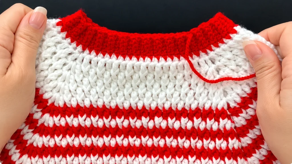 Hands holding a red and white crocheted yoke with a red neckline, white textured stitches, and striped colorwork.