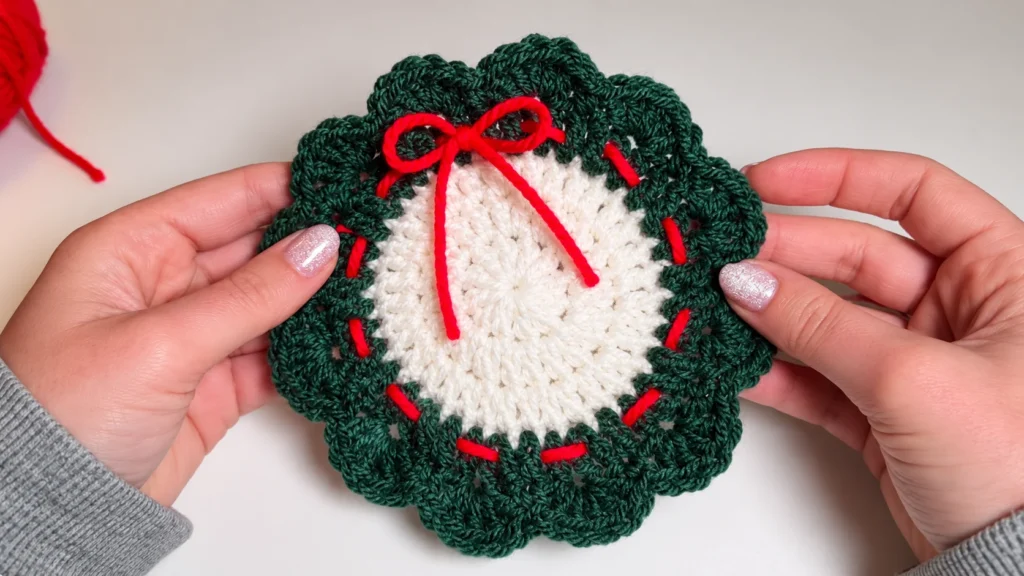 Two hands hold a finished crocheted Christmas wreath with a cream center, dark green scalloped border, red yarn accents, and a red bow.