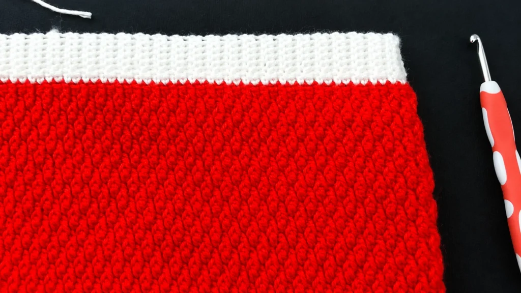 Close-up of a red and white textured crochet swatch with a white top border and crochet hook on a black background.
