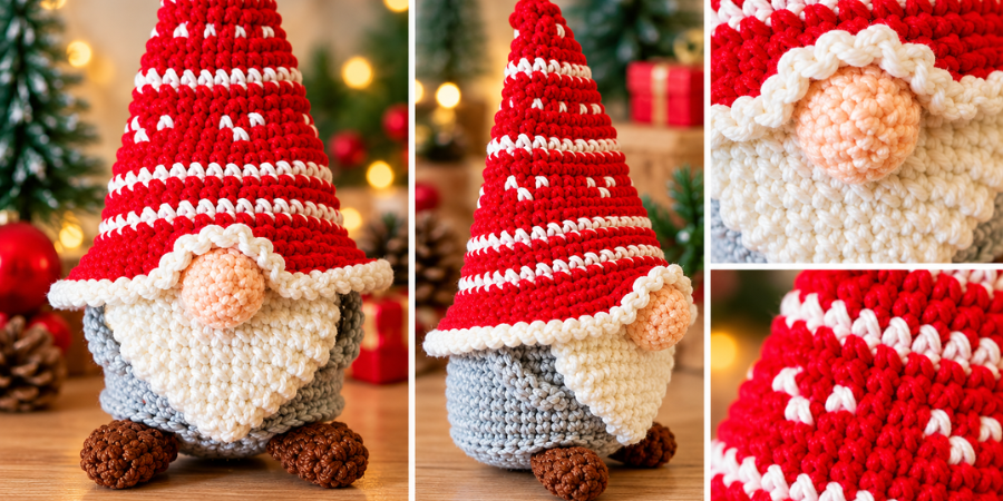 Crochet Christmas gnome amigurumi in a red-and-white striped hat, cream beard, peach nose, gray body, and brown feet, shown from multiple angles with close-up crochet stitch details.