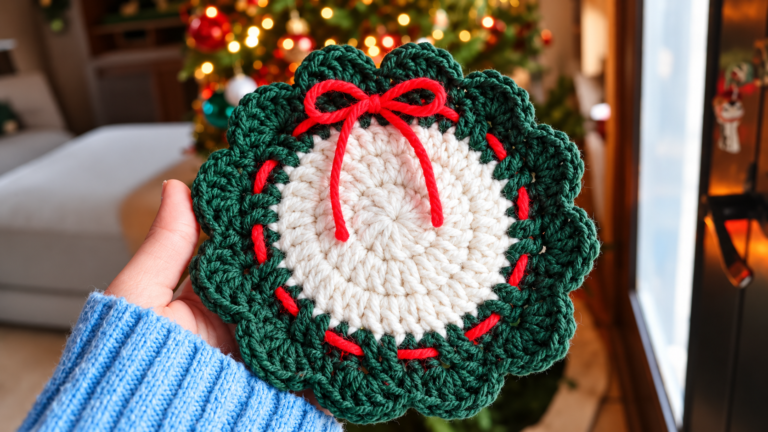 Crochet Christmas wreath coaster in green and cream yarn with a red bow, held by hand against a cozy Christmas tree background