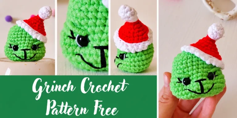 Grinch crochet pattern free featuring a green crocheted Grinch ornament with a red-and-white Santa hat, shown from multiple angles.
