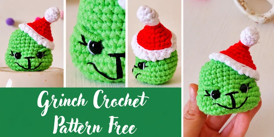 Grinch crochet pattern free featuring a green crocheted Grinch ornament with a red-and-white Santa hat, shown from multiple angles.