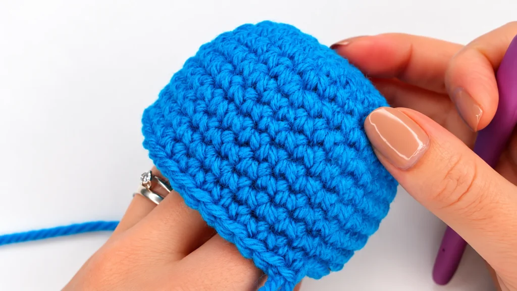 Close-up of a blue crocheted snowman head being shaped by hand with a crochet hook.