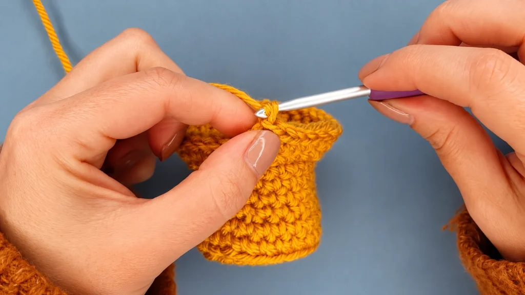 1. Close-up of a yellow crocheted snowman hat being worked with a crochet hook.