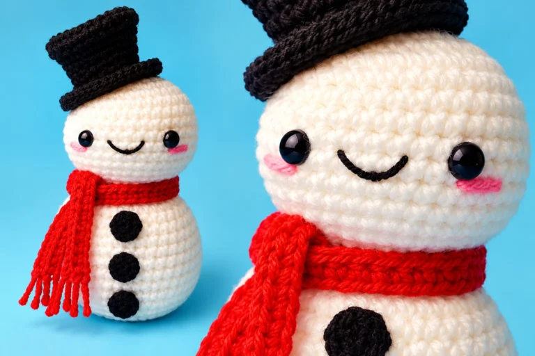Cute crocheted snowman with a black top hat, red scarf, pink cheeks, black eyes, embroidered smile, and three black buttons, shown in a full view and close-up.